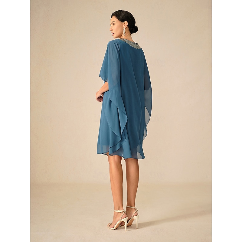 Women's Knee Length Dress Chiffon Dress Elegant Party Solid Color Half Sleeve Crew Neck Blue Summer Spring Fall4