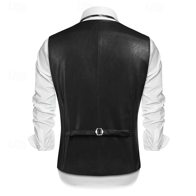 Men's Vest Gilet Vacation Daily Date Fashion Casual Spring Fall Buttons Pocket Faux Leather Comfortable Plain Single Breasted One-button Lapel Regular Fit Dark Brown Black Red Light Brown Vest2