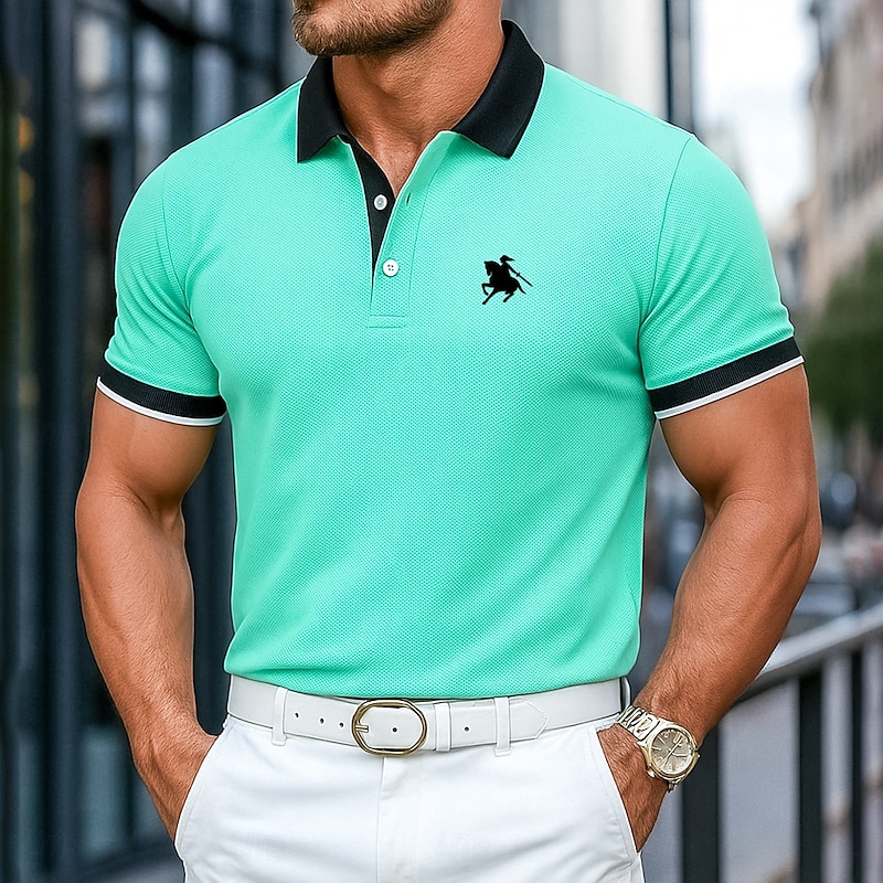 Men's Cotton Polo Shirt Golf Polos Shirts Work Business Ribbed Polo Collar Classic Short Sleeve Basic Modern Solid Color Buttons Logo Summer Spring & Summer Regular Fit Light Green Cotton Polo Shirt2