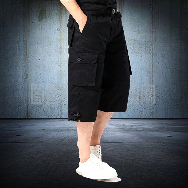 Men's Cargo Shorts Shorts Summer Shorts Drawstring Elastic Waist Multi Pocket Plain Comfort Wearable Calf-Length Outdoor Sport Daily Fashion Casual Black Khaki3