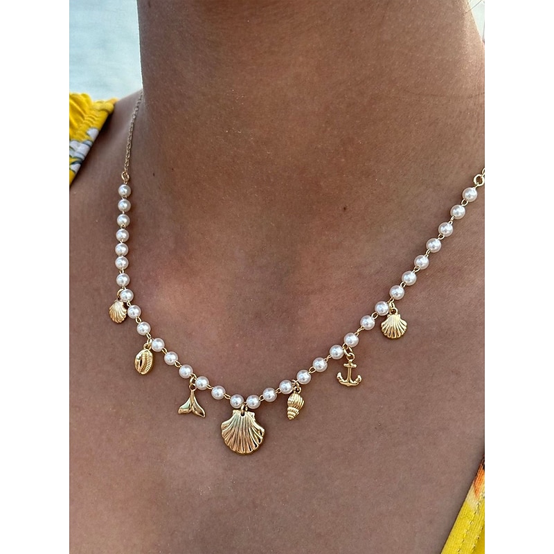 Women's Pearl Beaded Necklace with Gold Sea Charms – Nautical Beach Jewelry for Summer Vacation and Resort Wear