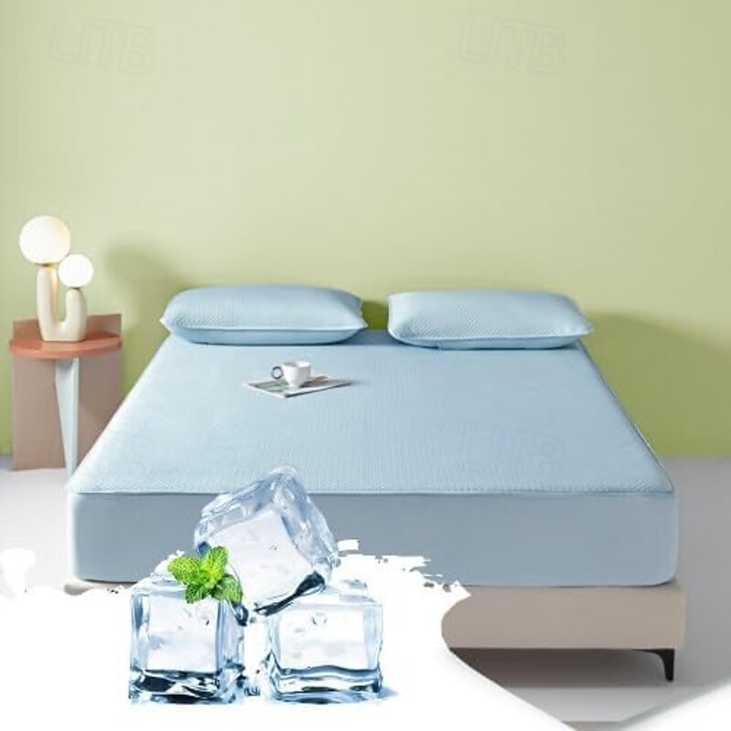 Summer Cooling Bedding Fitted Sheet Queen, Bed Sheet 1 Piece Solid Color Breathable Chemical Fiber Fitted Bedsheet Easy Care Fade Resistant Bedding