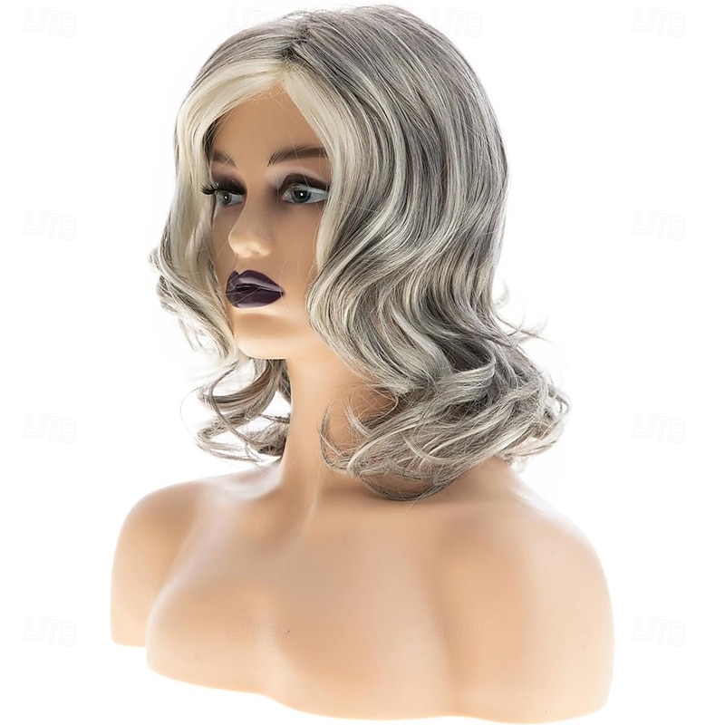 White Mixed Gray Wig for Women Medium Length Curly Layered Wig Natural Looking Heat Synthetic Middle Part Gray Wigs for Daily Party Use2