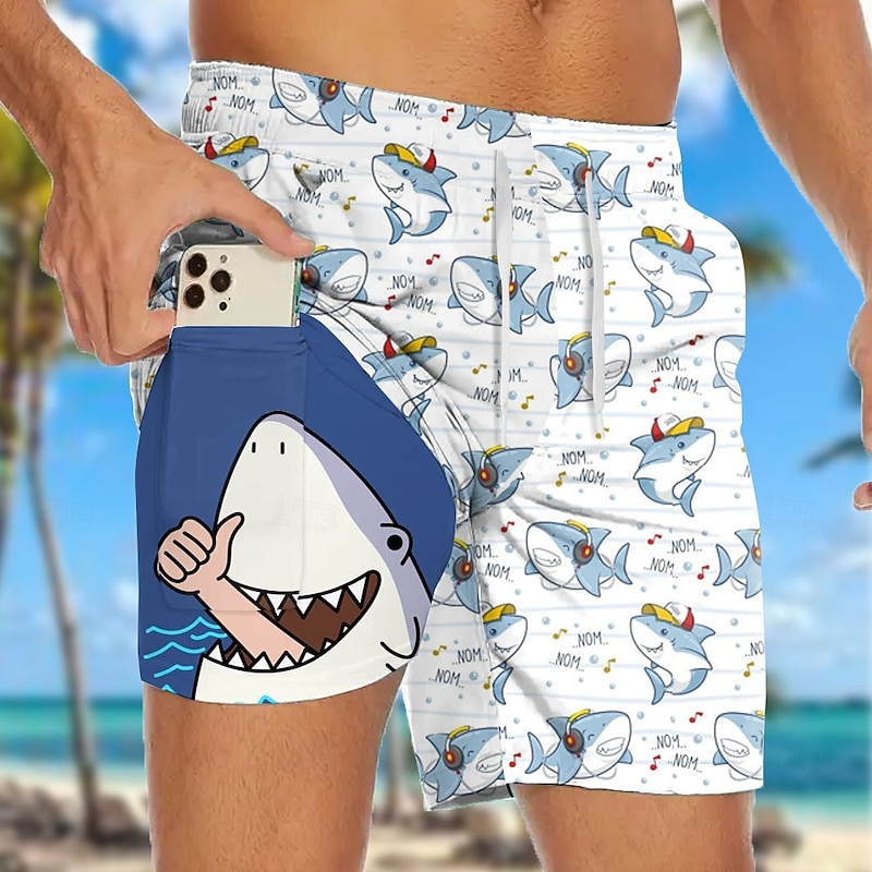 Men's Shark Funny Sea Creatures Lined Shorts 2 in 1 Board Shorts Swim Shorts Mid Waist Hawaiian Vacation Beach Wear Side Pockets With Compression Liner Elastic Drawstring Waist Designer Clothing3