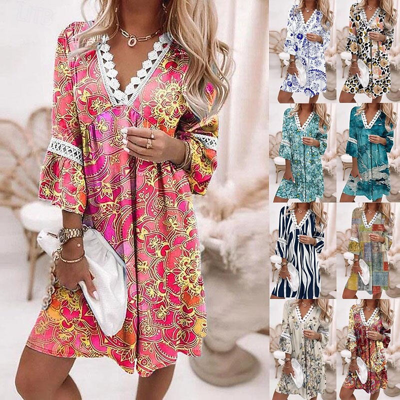 Women's Mini Dress Casual Dress Summer Dress Fashion Modern Vacation Daily Weekend Regular Fit Floral Graphic Color Gradient 3/4 Length Sleeve V Neck White Pink Wine Navy Blue Summer