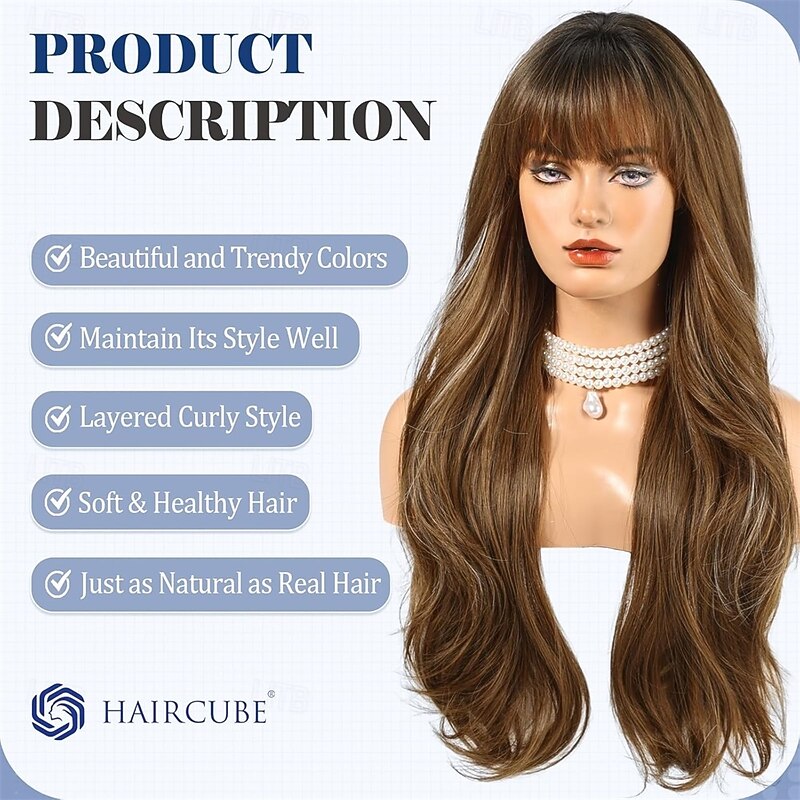 Long Ombre Brown with Highlight Wig with Bangs Layered Curly Wigs for Women Natural Synthetic Wigs for Daily Use2