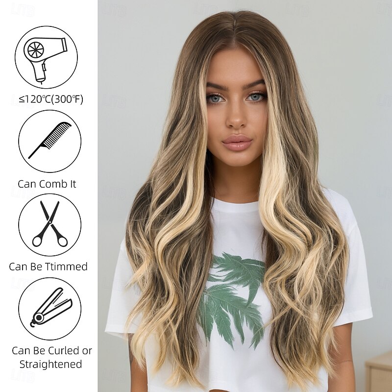 Synthetic Wig Wavy Deep Wave Layered Haircut With Bangs Machine Made Wig 24 inch A1 Synthetic Hair Women's Cosplay Classic Color Gradient Blonde3