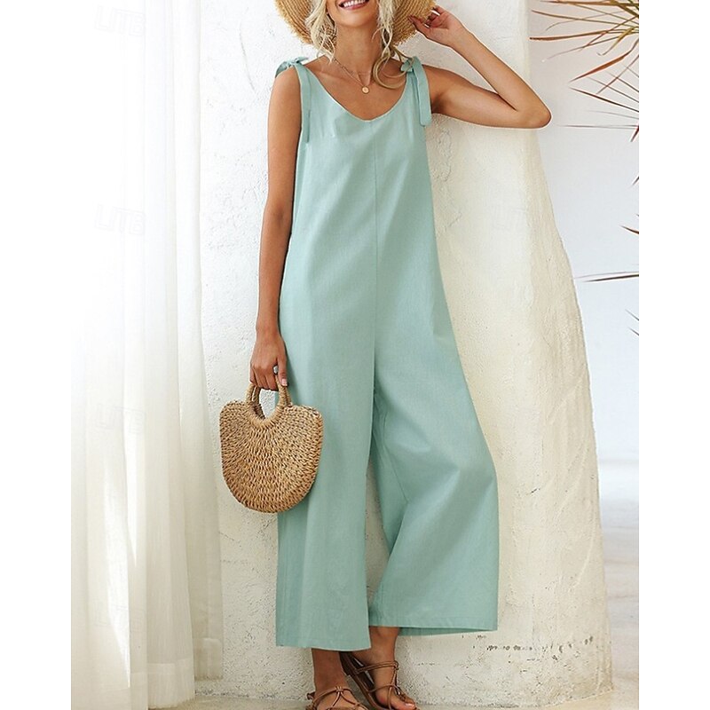 Women's Normal Dungarees Jumpsuit Streetwear Solid Color Sleeveless V Neck Backless Pocket Street Daily Regular Fit Black White Light Green Summer3