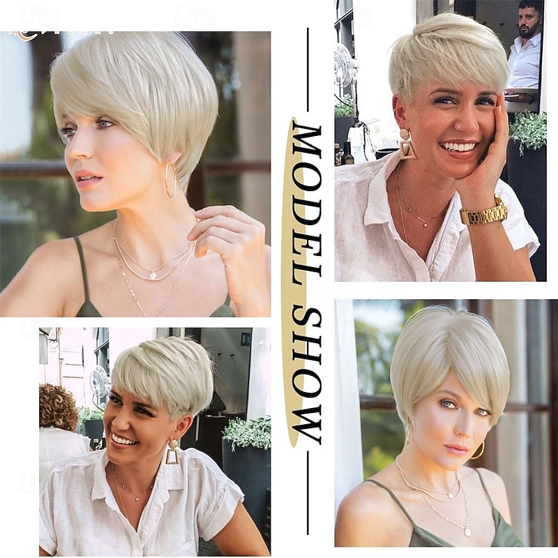 Short Blonde Wigs for White Women with Bangs Pixie Cut Straight Synthetic Replacement Wigs3