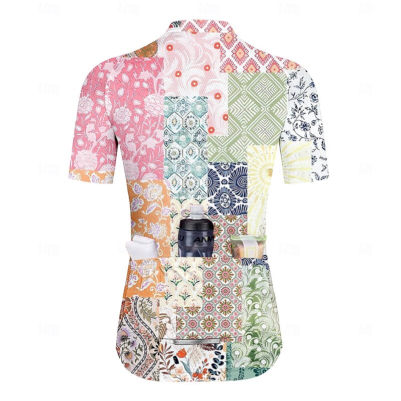Women's Cycling Jersey Graphic Geometric Patchwork Short Sleeve Bike Jersey Top with 3 Rear Pockets Sunscreen UV Resistant Quick Dry Reflective Strips Sports Green Clothing Apparel2