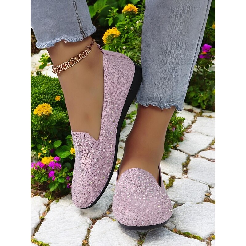 Women's Sparkly Flyknit Flats with Rhinestones – Stylish Slip-On Shoes for Casual Wear & Spring Outings3