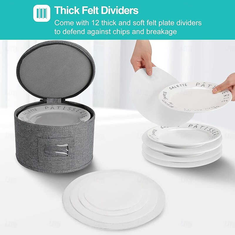 4 Pack Puricon Dinnerware Storage Containers Set, China Plate Storage Bags Protectors for Round Crockery Storage with Felt Plate Dividers -Grey3