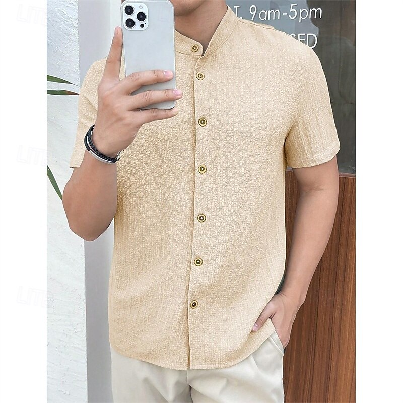 Men's Shirt Summer Shirt Casual Shirt Beach Shirt Button Up Shirt Black White Red Royal Blue Sky Blue Short Sleeve Plain Grandad Collar Standing Collar Vacation Hawaiian Clothing Apparel Polyester4