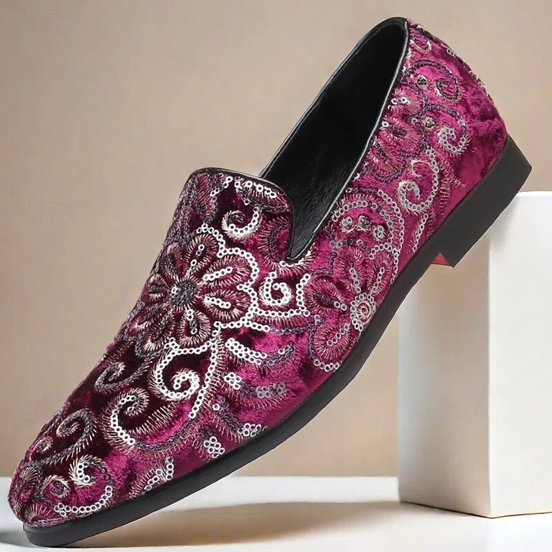 Men's Purple Floral Embroidered Slip-On Loafers – Stylish Velvet Evening Shoes for Prom and Formal Events
