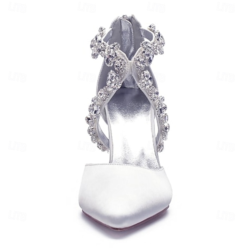 Women's White Satin Crystal Strap Heels – Elegant Pointed Toe Cocktail Shoes for Weddings and Evening Parties4