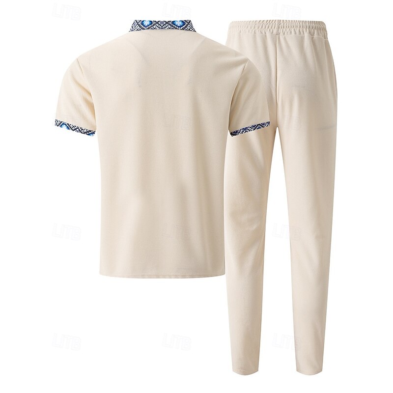 Men's Waffle Shirt T-shirt Suits Shirt and Pant Sets 2 Pieces Outfits Short Sleeve Lapel Summer Color Block Fashion Casual Patchwork 2 Piece Vacation Daily Wear Going out Black White Royal Blue Top3