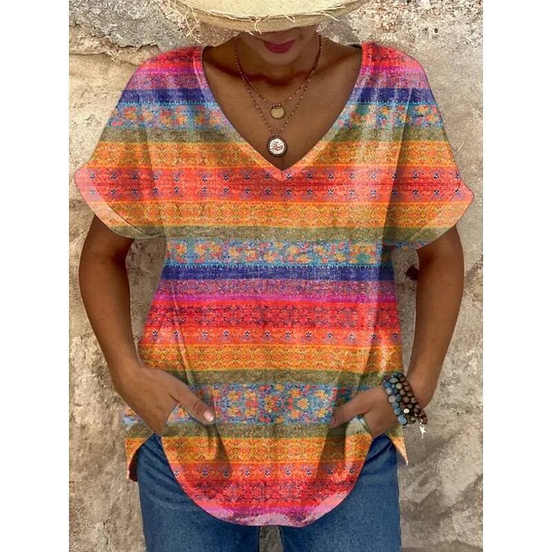 Women's T Shirt Graphic Geometric Color Block Stylish Casual Short Sleeve V Neck Regular Tops Daily Weekend Print Rainbow Summer Spring
