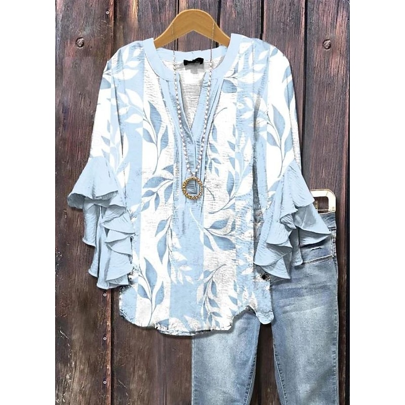 Women's Blouse V Neck Layered Ruffle Sleeve Tops Floral Graphic Paisley Daily Stylish Casual 3/4 Length Sleeve Regular Tops Daily Holiday Vacation Wear Print Yellow Pink Blue Dusty Blue Summer Spring