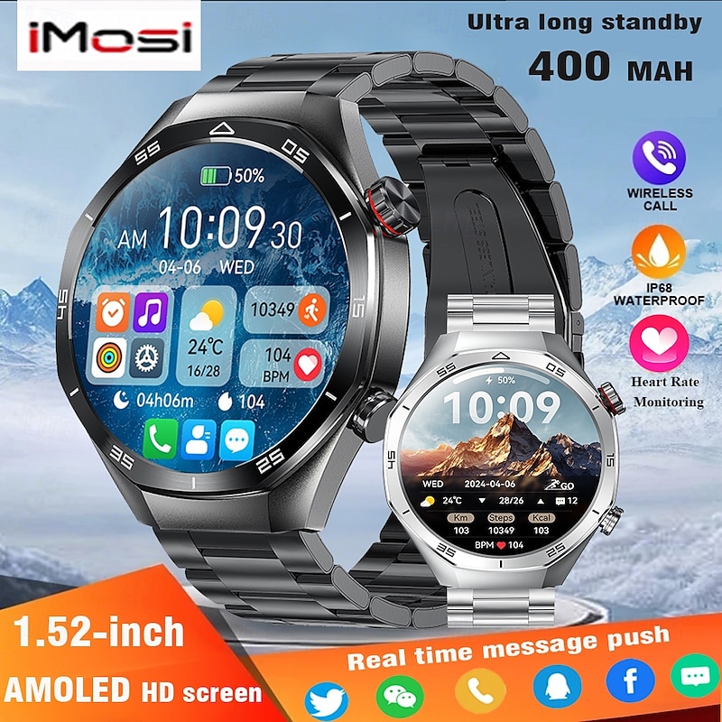 IMOSI Men's Smart Watch 1.52 Bluetooth Call Music Sport Heart Rate Monitor 400mAh Battery Compatible with Android & iOS