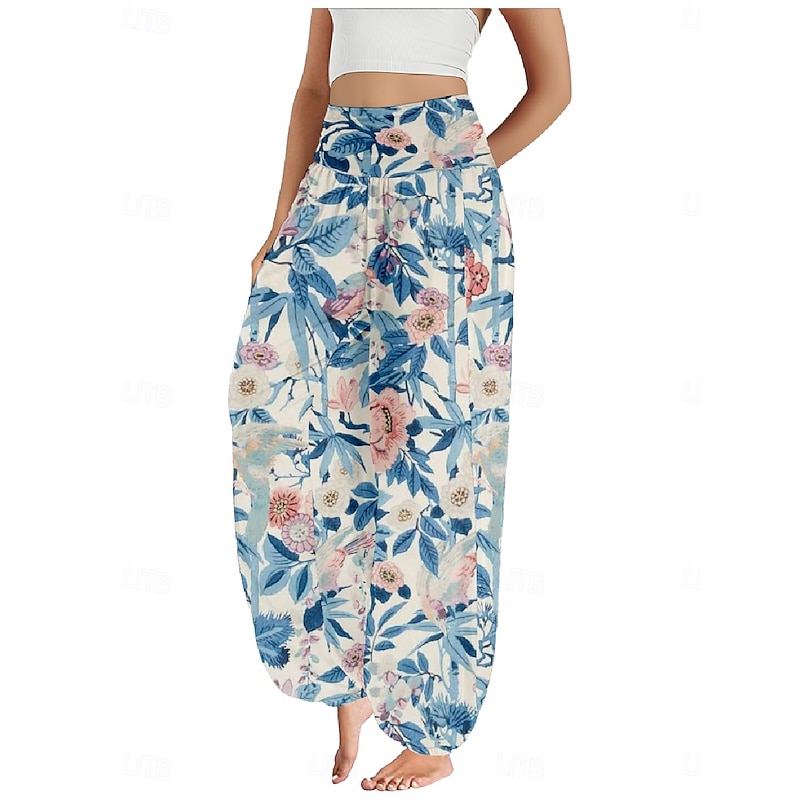 Women's Linen-Inspired Pants Wide Leg Pants Trousers Ethnic Style Casual Boho Full Length High Waist Floral Pocket Elastic Waist Printing Breathability Soft Micro-elastic Outdoor Yoga Light Green