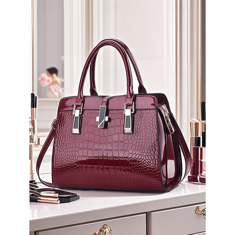 Women's Burgundy Patent Faux Leather Handbag - Croc Embossed Structured Tote Bag with Top Handle and Shoulder Strap, Perfect for Mother's Day Gift, Office, Business and Formal Occasions