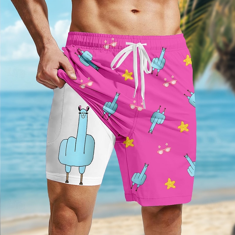 Men's Animal Funny Alpaca Lined Shorts 2 in 1 Board Shorts Swim Shorts Mid Waist Hawaiian Vacation Holiday Beach Wear Side Pockets With Compression Liner Elastic Drawstring Waist Designer Clothing2
