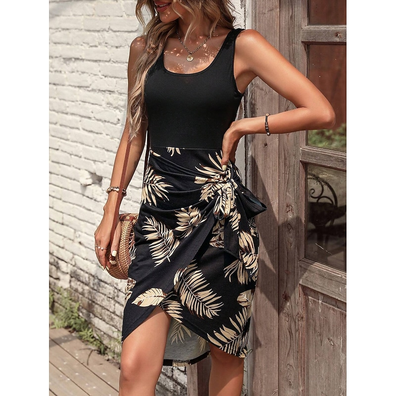 Women's Mini Dress Beach Dress Beach Sleeveless Form Fit Leaf Sleeveless U Neck Blue Khaki Summer Spring Fall2