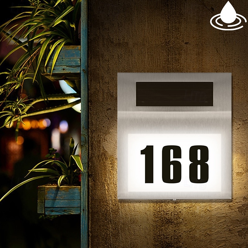 Solar House Number LED Address Sign Address Plaque Stainless Steel Door Number Light Outdoor Waterproof LED House Address Number Indicator Outdoor Garden Street Decoration Lighting Wall Light