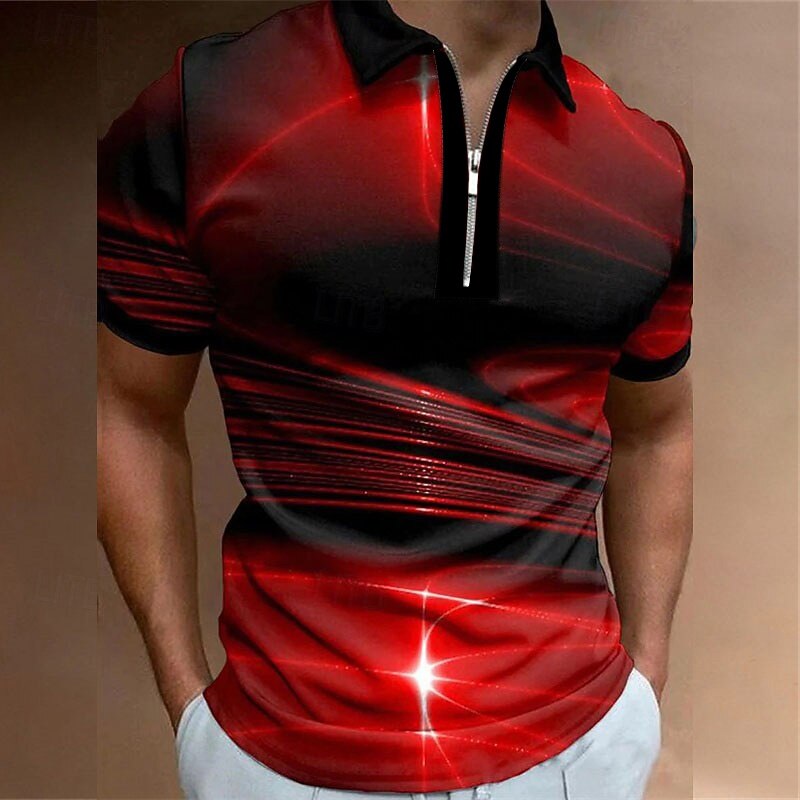 Men's Geometric Zip Polo Shirts Golf Shirt Short Sleeve Polo Shirts Collared Shirts Business Casual Vacation Wear Formal Wear Festival Wear 3D Print Quarter Zip Polo Black / Red Yellow Pink