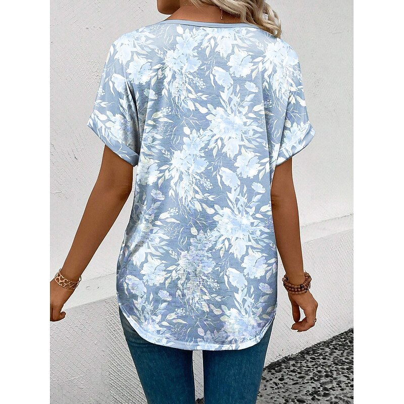 Women's T Shirt Floral Graphic Stylish Casual Short Sleeve V Neck Regular Tops Daily Print Blue Summer Spring2