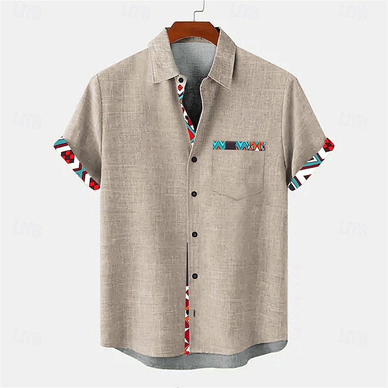 Men's Geometric Linen Shirt Summer Shirt Button Up Shirt Short Sleeve Vintage Retro Vacation Holiday Beach Wear Summer Spring Turndown Collared Shirts Front One Pocket Blue Green Khaki