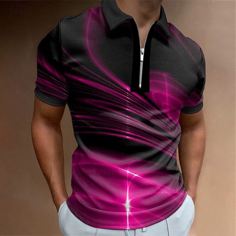 Men's Geometric Zip Polo Shirts Golf Shirt Short Sleeve Polo Shirts Collared Shirts Business Casual Vacation Wear Formal Wear Festival Wear 3D Print Quarter Zip Polo Black / Red Yellow Pink3