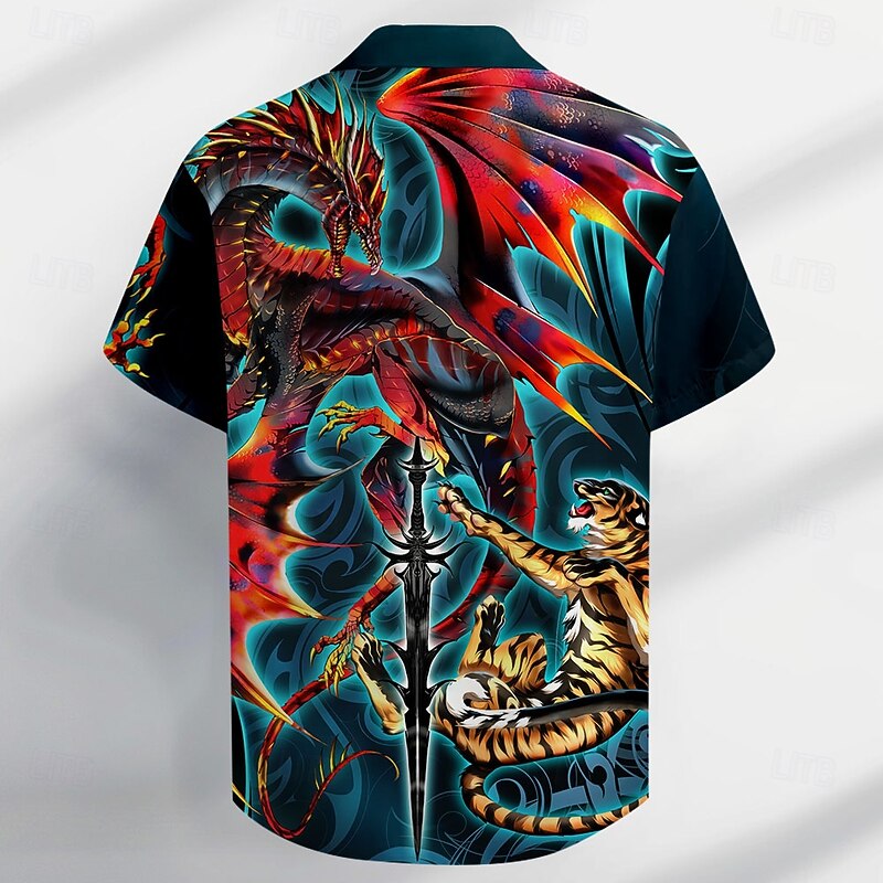 Dragonblade Tigerblade HIGH REZ by Ruth Thompson Men's Animal Tiger Dragon Button Up Shirt Short Sleeve Designer Shirt Limited Artist Edition2
