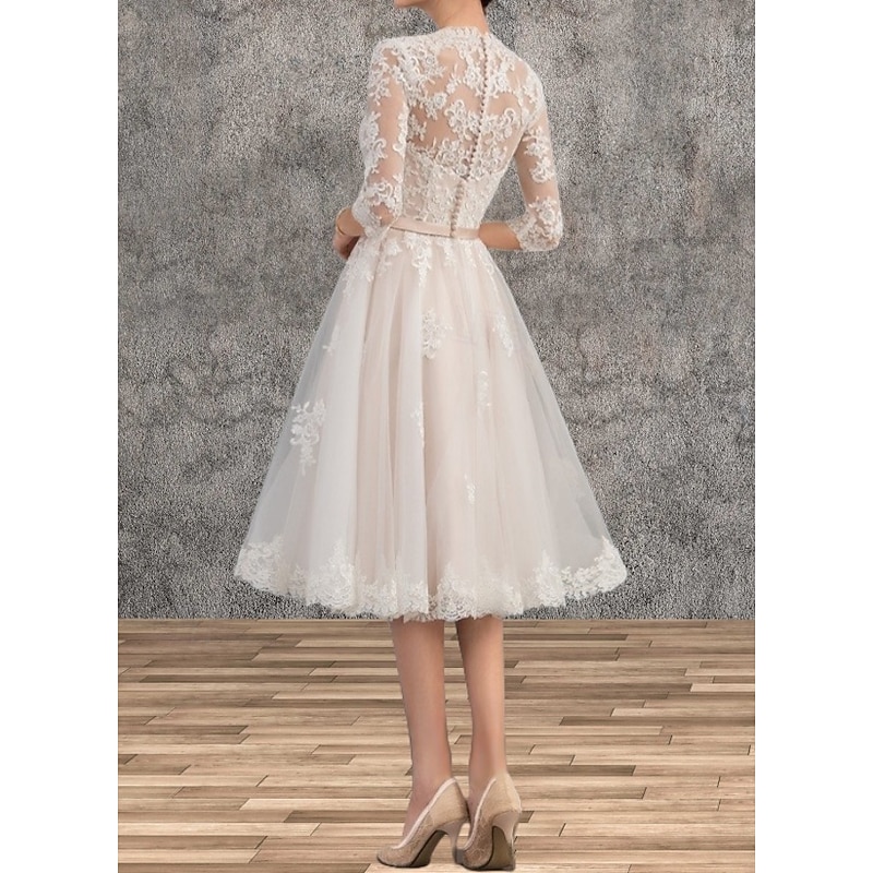 Engagement Little White Dresses Wedding Dresses A-Line V Neck 3/4 Length Sleeve Tea Length Satin Bridal Gowns With Sash / Ribbon Appliques2