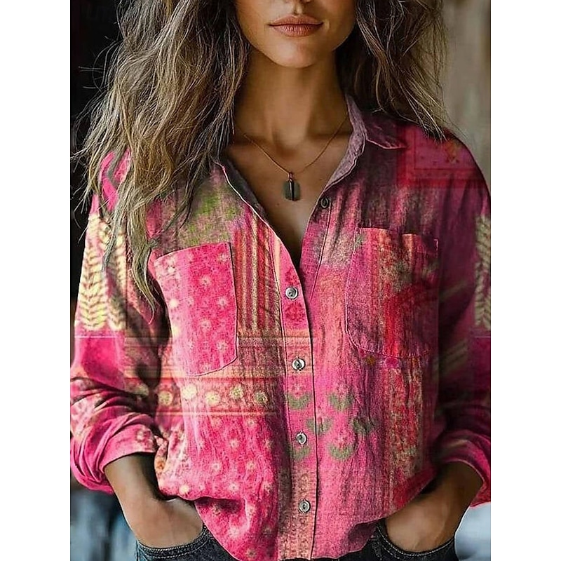 Women's Shirt Floral Paisley Stylish Modern Long Sleeve Shirt Collar Regular Tops Daily Holiday Buttons Pocket Print Maroon Black Yellow Wine Red Summer