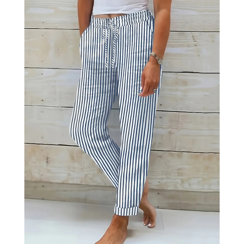 Women's Cotton Linen Pants Slacks Fashion Streetwear Comfort Ankle-Length Mid Waist Stripe Elastic Waist Comfy Outdoor Comfortable Street Daily Wear Going out Black Blue Summer Spring Regular Fit2
