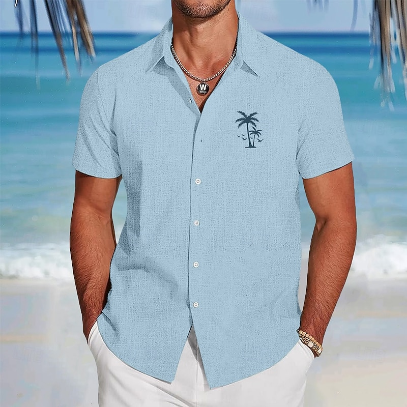 Men's Coconut Tree Tropical Plants Linen Shirt Beach Shirt Summer Hawaiian Shirt Short Sleeve Hawaiian Vacation Holiday Beach Wear Summer Spring Turndown Collared Shirts Blue Green Gray2