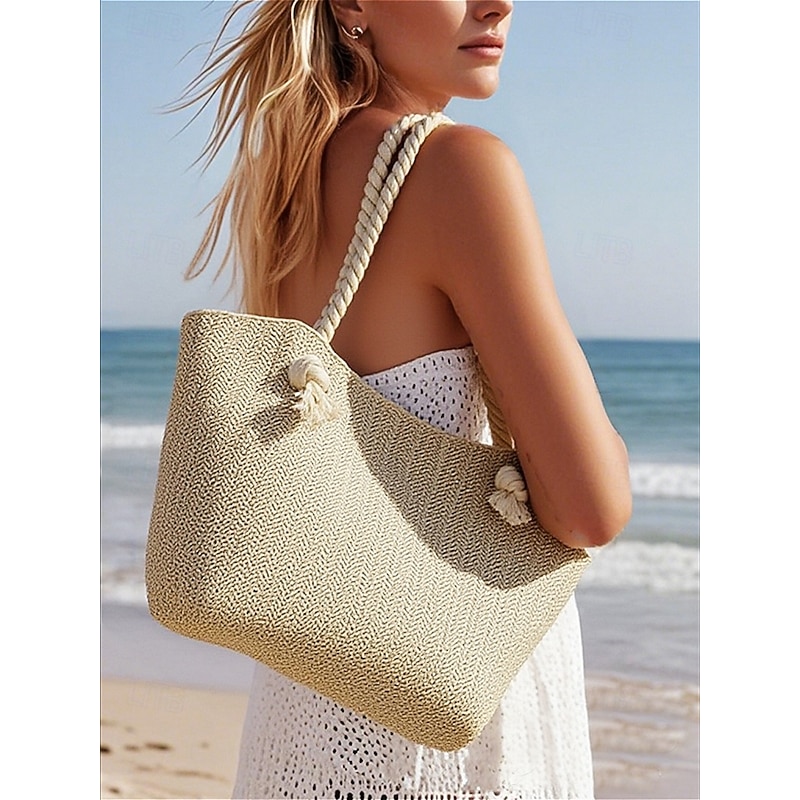 Women's Straw Beach Tote Bag with Rope Handles – Large Summer Handbag for Vacation, Pool, Travel and Casual Outfits Khaki Beige3