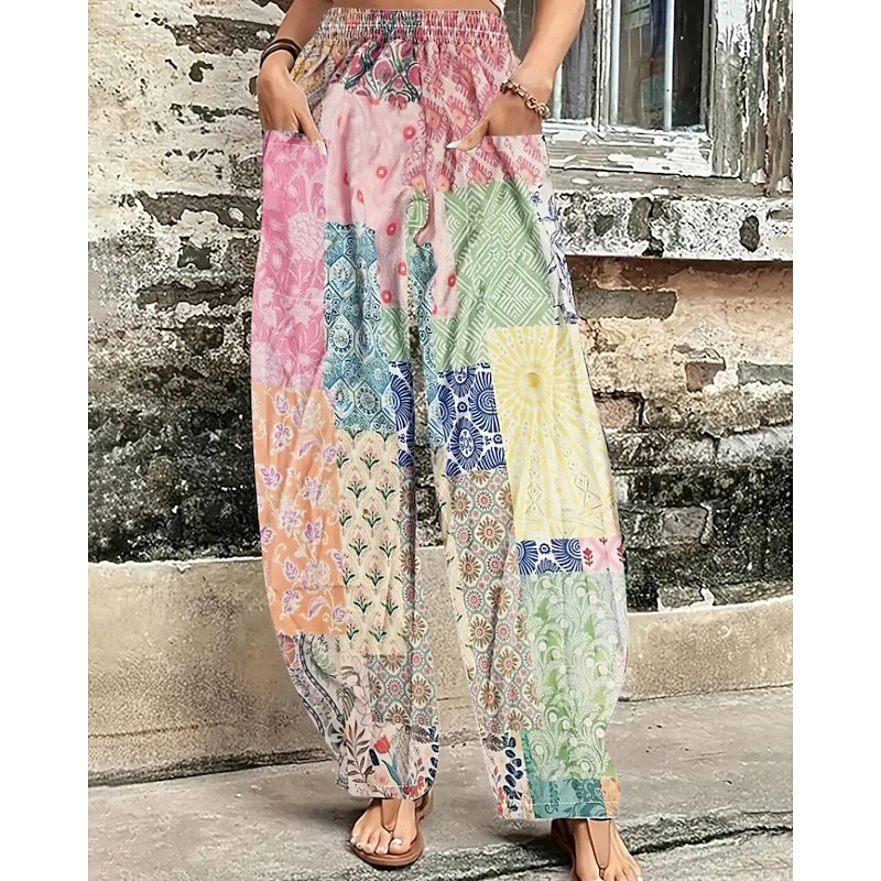 Women's Slacks Streetwear Casual Full Length Natural Striped Flower Pocket Elastic Waist Printing Outdoor Comfortable Street Daily Light Sky Blue Pink Blue Summer Regular Fit3