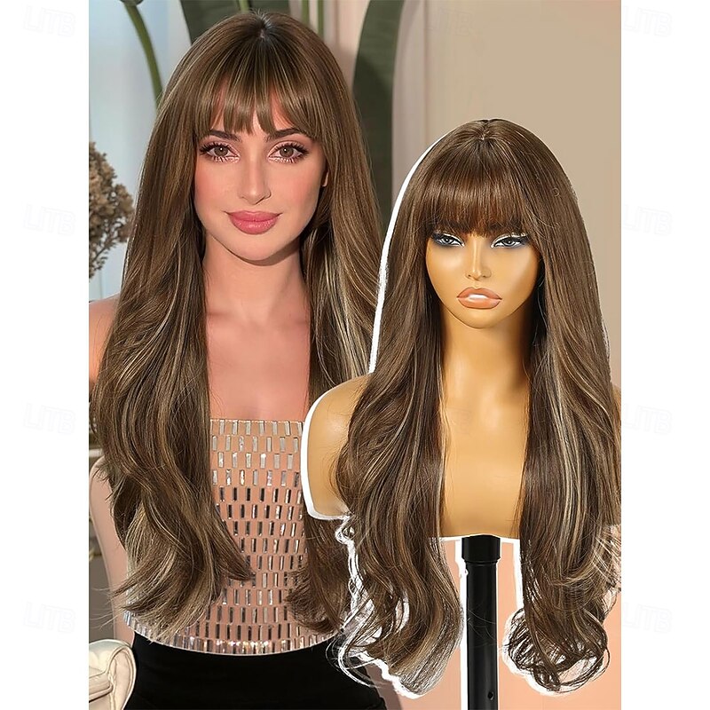 Brown Blonde Highlight Wigs with Bangs Brown Layered Wig for WomenLong Wavy Wigs Synthetic Hair Wig for Party Daily Use 26IN