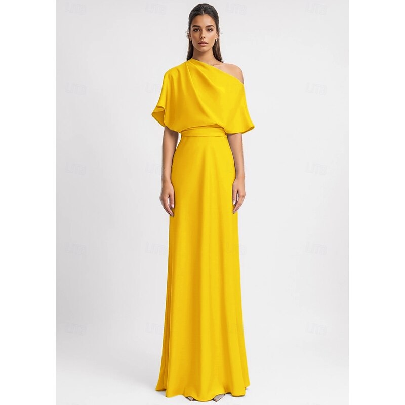 A-Line Evening Gown Elegant Dress Formal Floor Length 3/4 Length Sleeve One Shoulder Pocket Stretch Crepe with Ruched