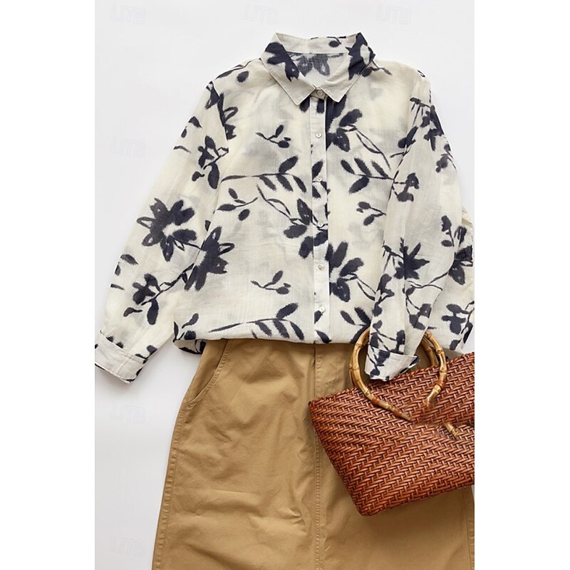 Women's Shirt Button Up Cotton Linen Shirt Blouse Flower Casual Long Sleeve Shirt Collar Regular Tops Daily Going out Print White Summer