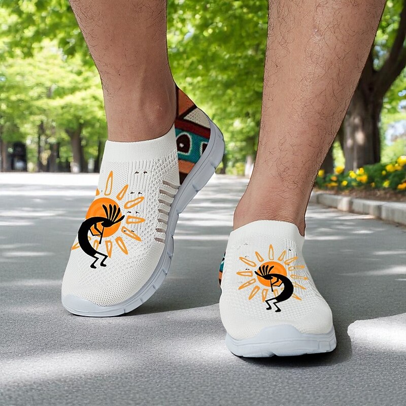 Men's Breathable Tribal Print Slip-On Walking Sneakers – Lightweight Flyknit Mesh Shoes for Casual Outdoor Activities3