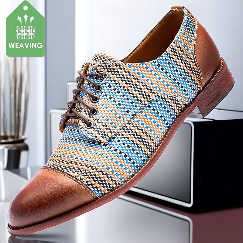 Men's Blue and Tan Woven Oxford Shoes – Retro Lace-Up Casual Shoes for Creative Professionals and Everyday Style
