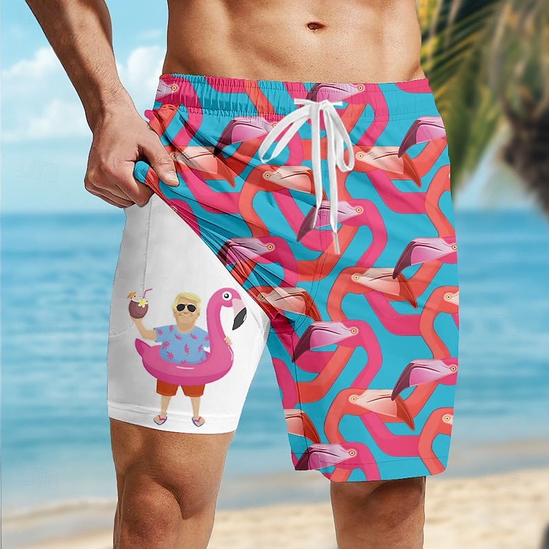 Men's Flamingo Funny Lined Shorts 2 in 1 Board Shorts Swim Shorts Mid Waist Hawaiian Vacation Holiday Beach Wear Side Pockets With Compression Liner Elastic Drawstring Waist Designer Clothing Apparel2