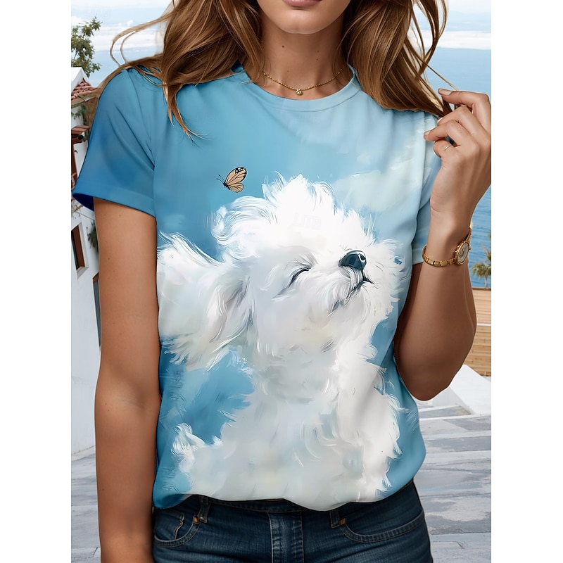 Women's T Shirt Graphic Animal Dog Stylish Modern Casual Short Sleeve Crew Neck Round Neck Regular Tops Daily Going out Weekend Print Sky Blue Summer Spring