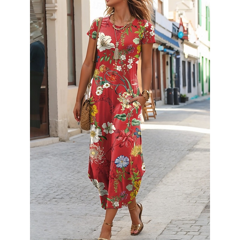 Women's Midi Dress T Shirt Dress Tee Dress Summer Dress Vacation Casual Beach Daily Tea Party Going out Regular Fit Floral Graphic Butterfly Short Sleeve Crew Neck Red Sky Blue Green Dark Blue Summer2