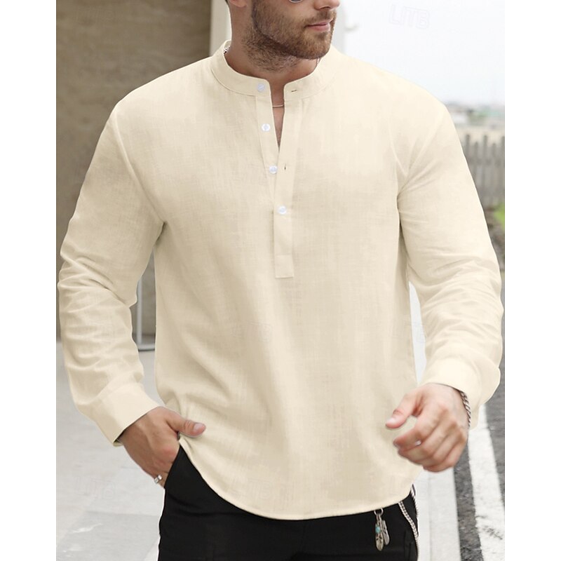 Men's Shirt Linen Shirt Popover Shirt Casual Shirt Cotton Shirt Plain Vacation Hawaiian Black White Yellow Light Green Long Sleeve Band Collar Spring Fall Clothing Apparel Button-Down2