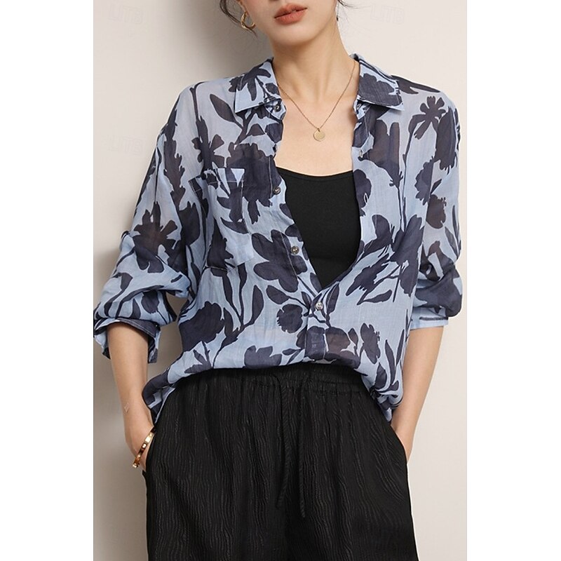 Women's Shirt Button Up Cotton Linen Shirt Blouse Flower Casual Long Sleeve Shirt Collar Regular Tops Daily Holiday Print Blue Summer4