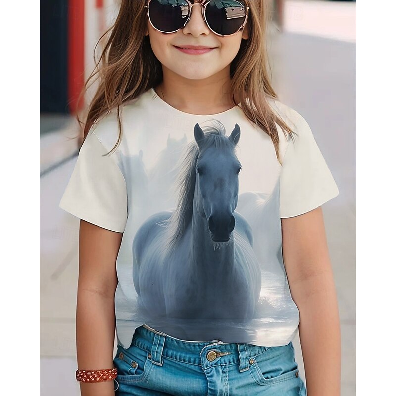 Girls' 3D Horse T shirt Tee Short Sleeve Summer Spring Fashion Basic Kids 4-12 Years Crew Neck Outdoor Casual Daily Regular Fit2